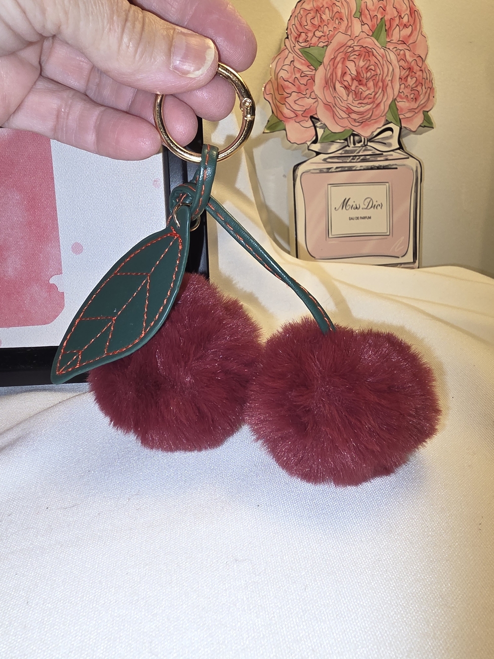Plush Cherry Pom Pom Bag Charm Keychain
